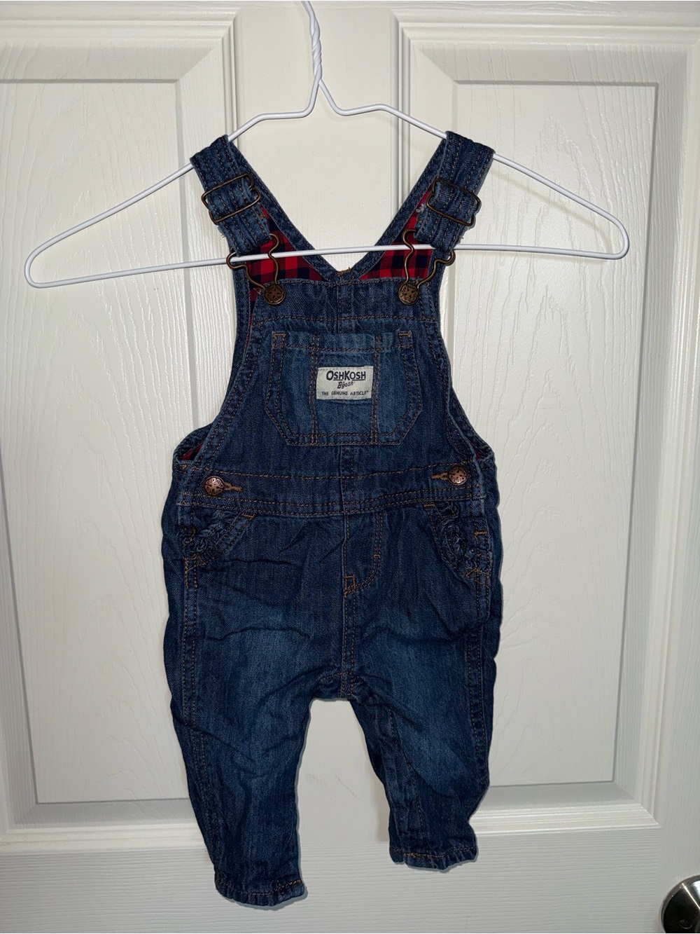 OshKosh B'gosh girls Blue Denim Overalls Plaid Lined 3-6 Months